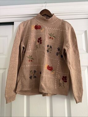 Cozy Embroidered Floral Mock Neck Sweater - Tan